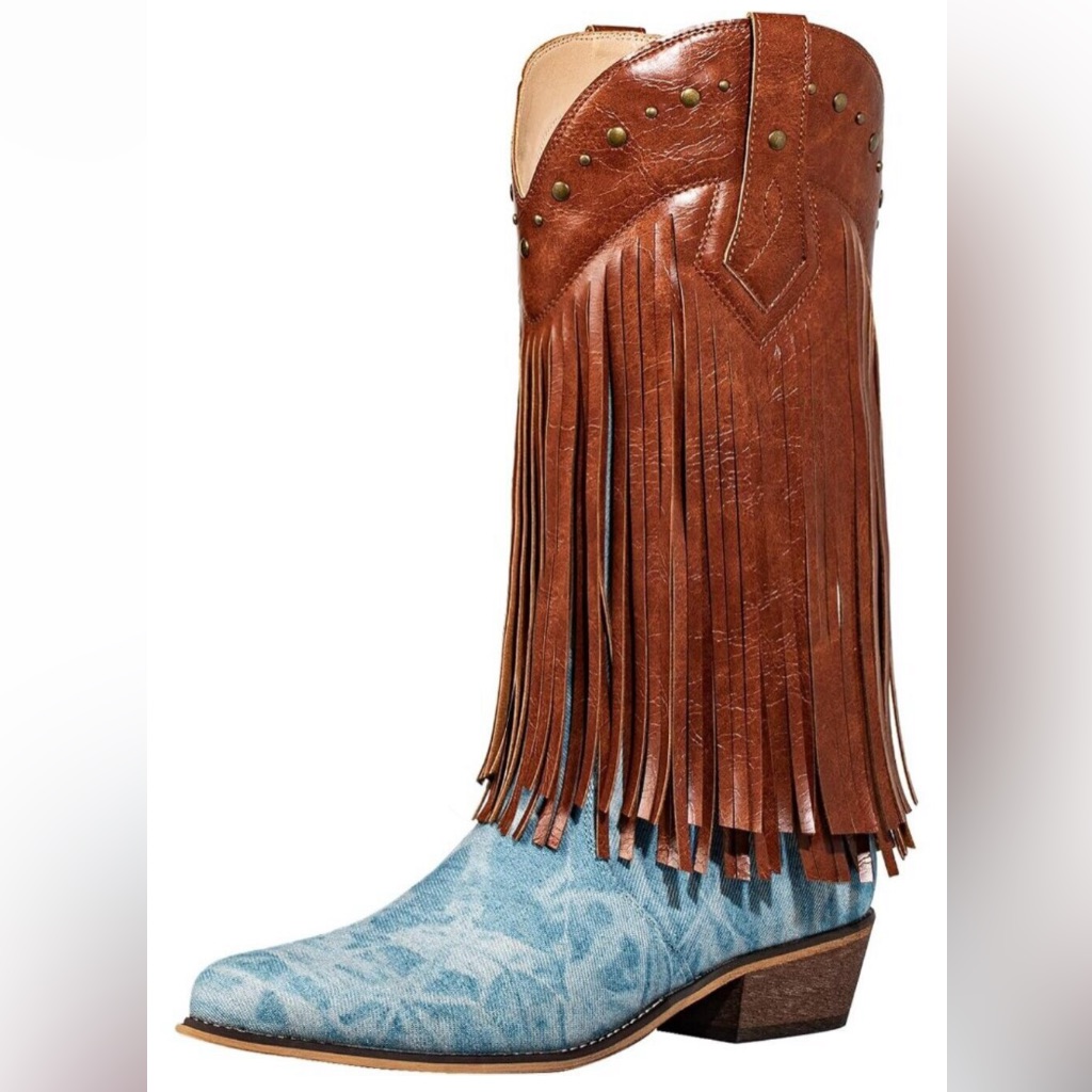 Women's Blue Leather Fringe Western Boots Wide Calf Riding Cowgirl Cowboy Boots